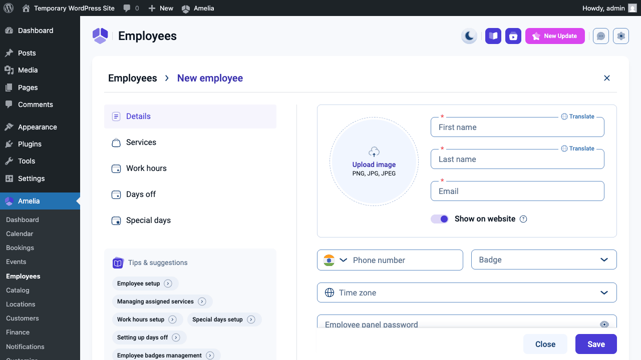 Amelia Pro new employee form showing details, services, work hours, days off and special days tabs