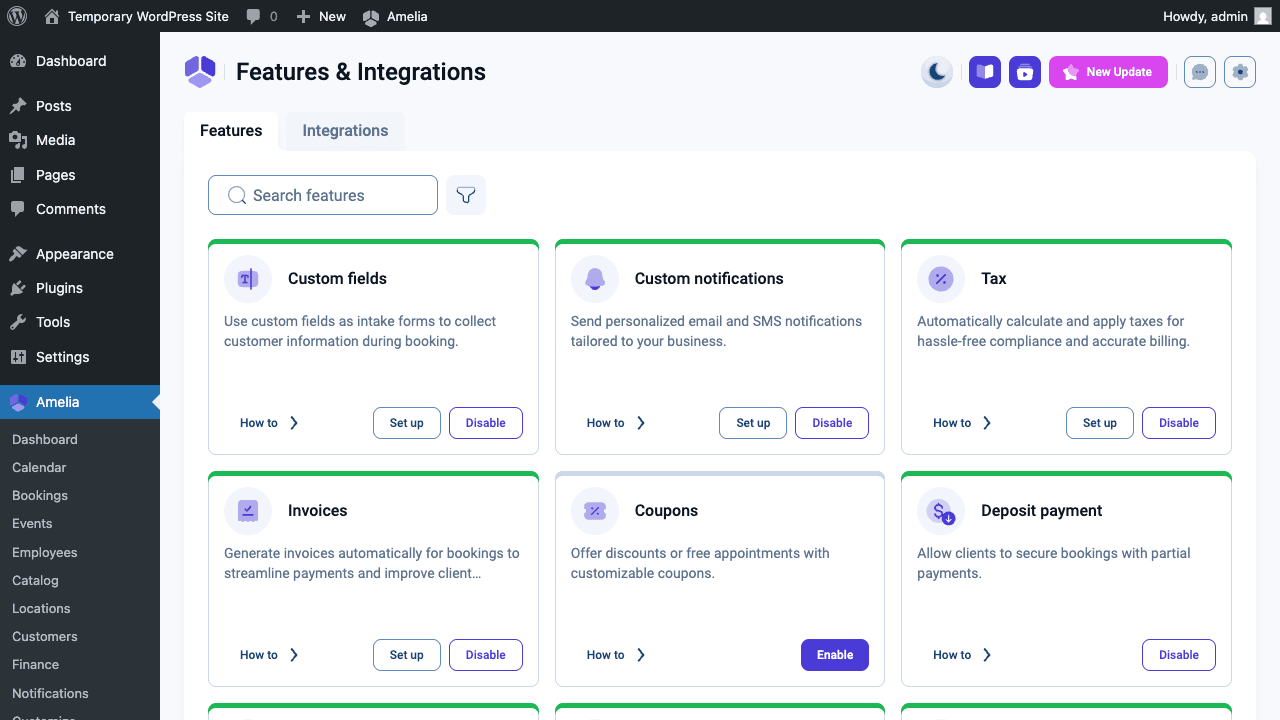 Amelia Pro Features and Integrations panel Amelia Pro features panel showing custom fields, custom notifications, tax, invoices, coupons and deposit payment options