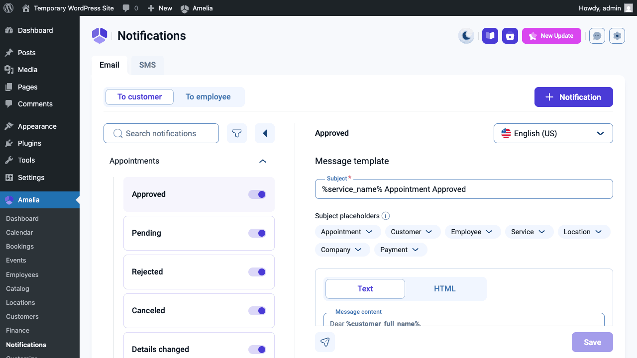 Amelia Pro notifications panel showing email templates for approved, pending, rejected and canceled appointment states
