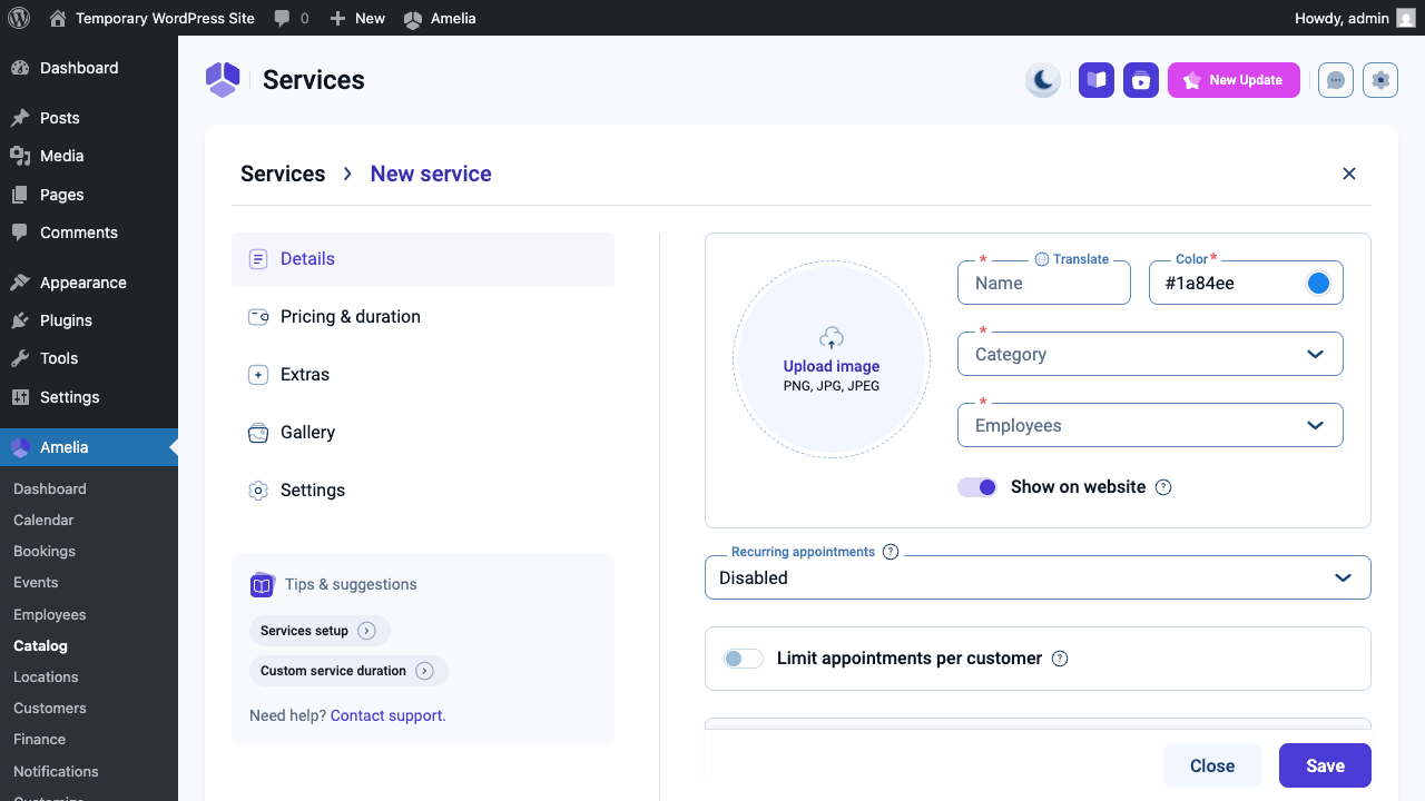 Amelia Pro service creation form Adding a new service in Amelia Pro with tabs for details, pricing, extras, gallery and settings