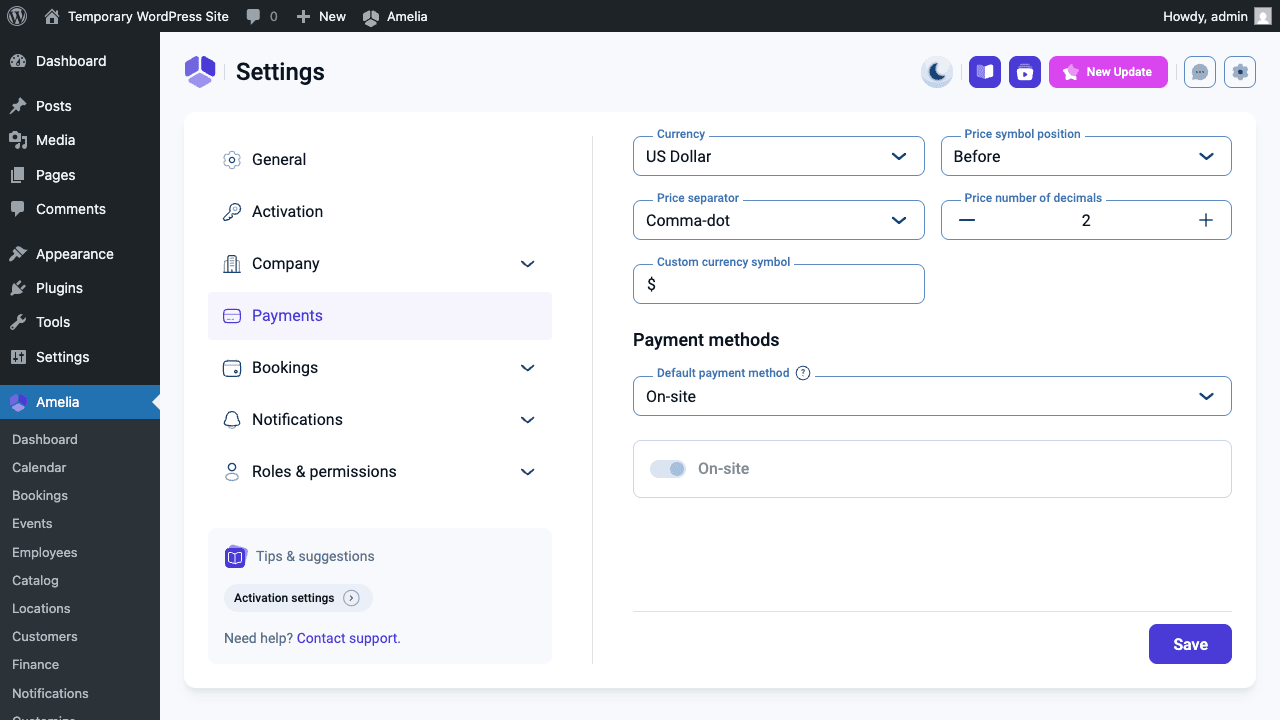Amelia Pro payment settings showing currency configuration and payment methods