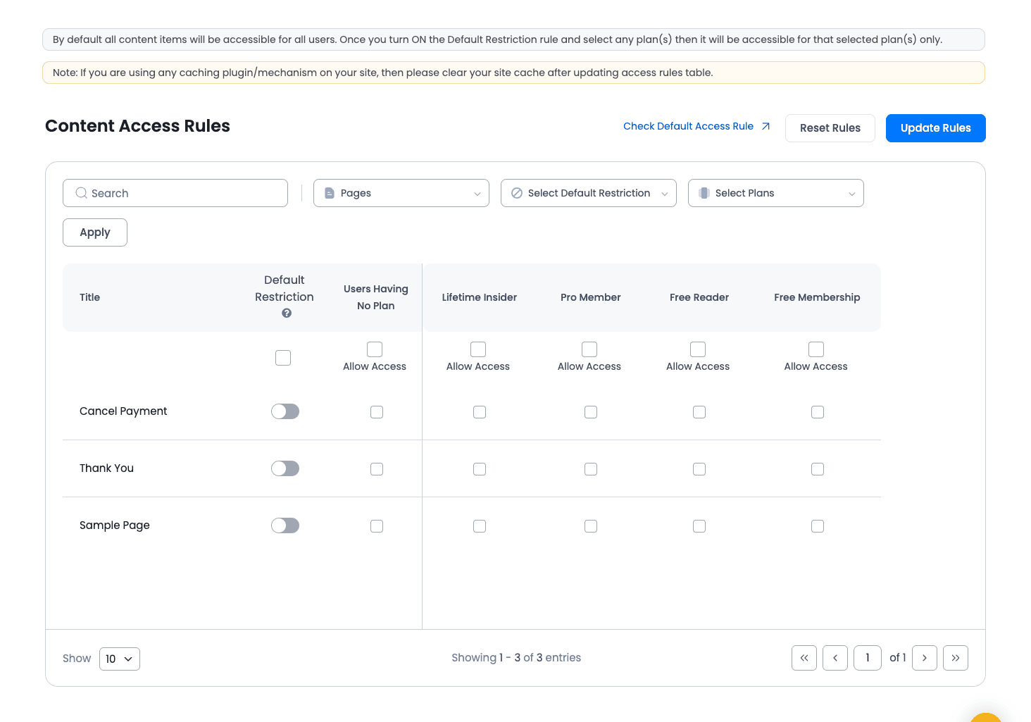 Content Access Rules grid Content Access Rules grid with plans as columns