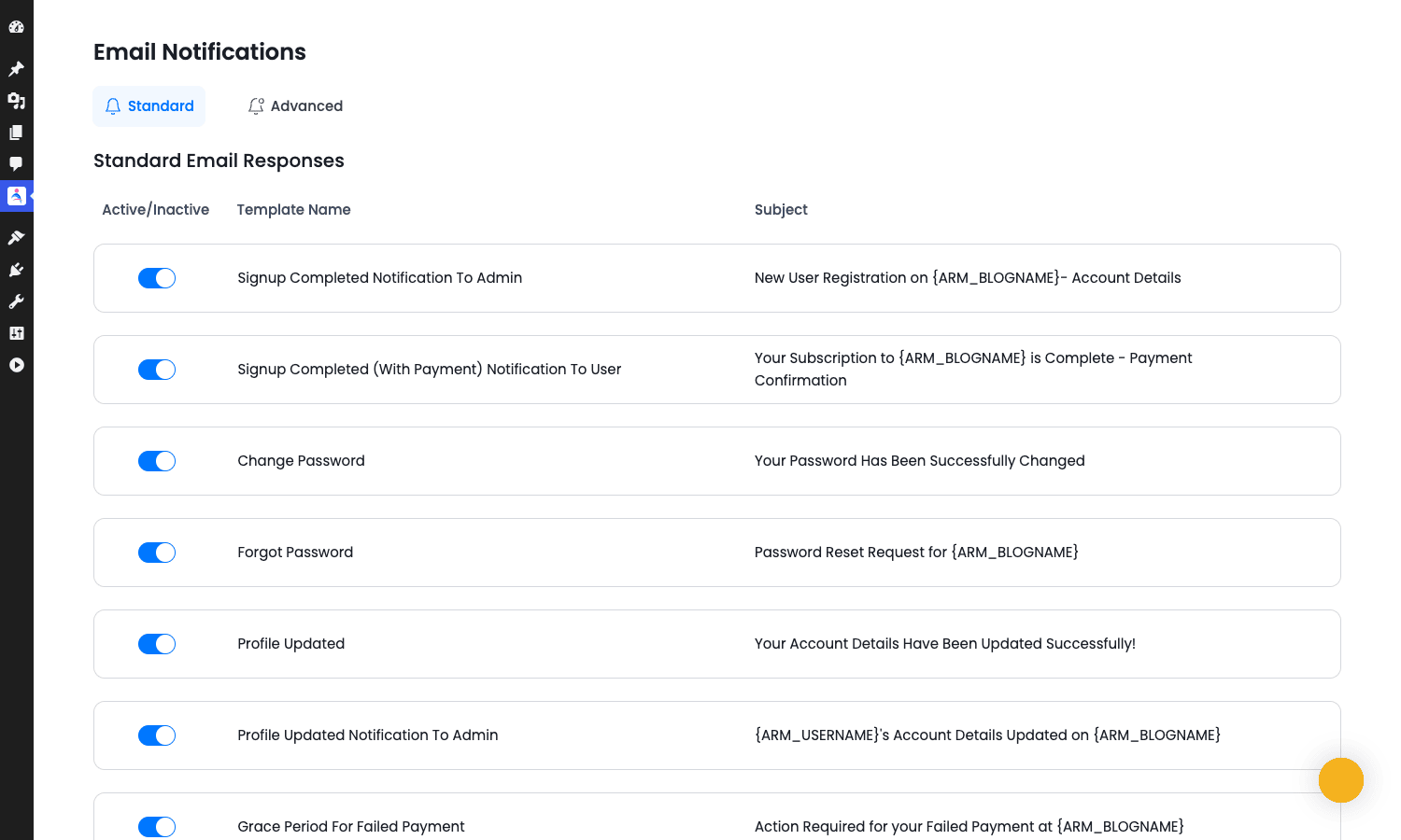 ARMember Email Notifications ARMember Email Notifications list with standard responses
