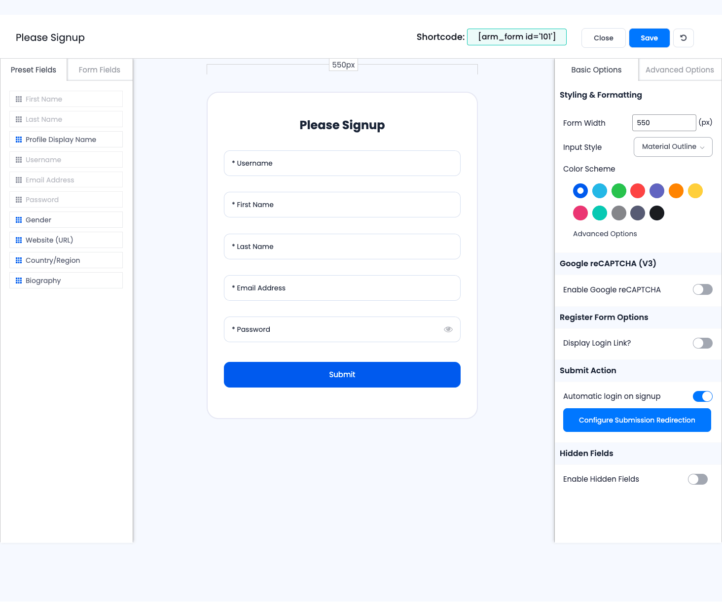 ARMember form builder ARMember drag-and-drop form builder with field palette and live preview