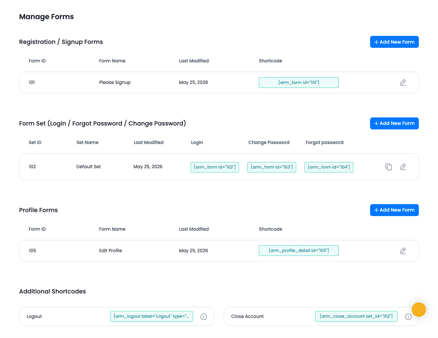 Manage Forms list Manage Forms screen with signup, login, and profile shortcodes
