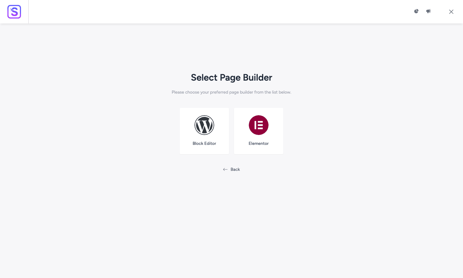 Astra Starter Templates page builder selector showing Block Editor and Elementor cards Astra Starter Templates page builder selection with Block Editor and Elementor options