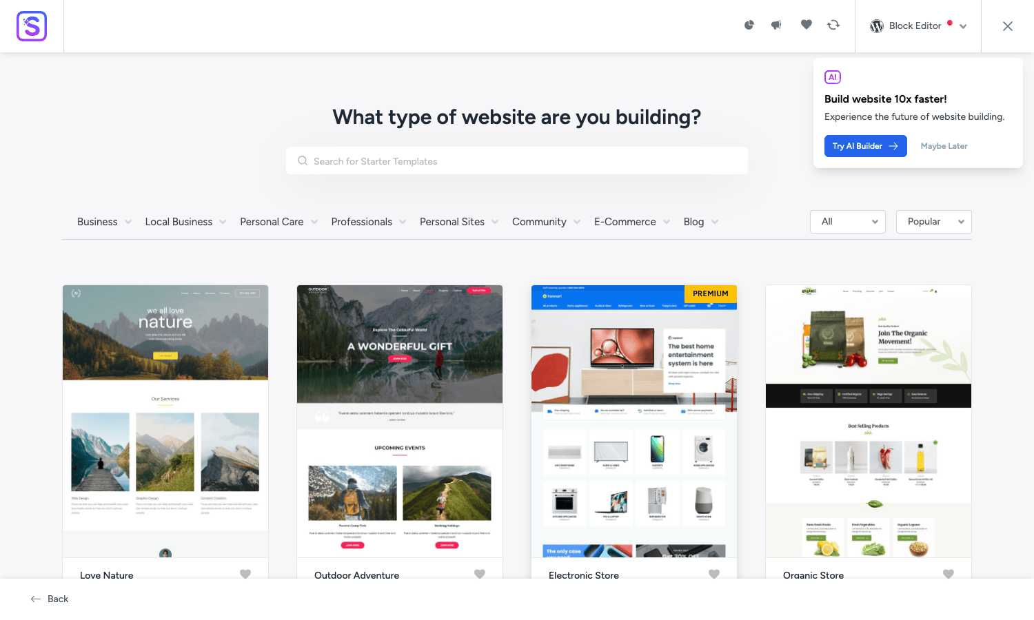 Astra Starter Templates library showing Business, Local Business, Personal Care, Professional, Personal Sites, Community, eCommerce, Blog categories with template thumbnails Astra Starter Templates library with categories and template thumbnails
