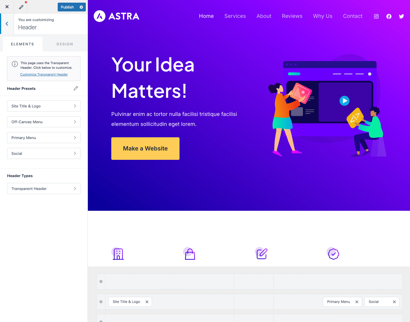 Astra Header Builder Astra Header Builder customizer with presets, element list, and the header row composition area