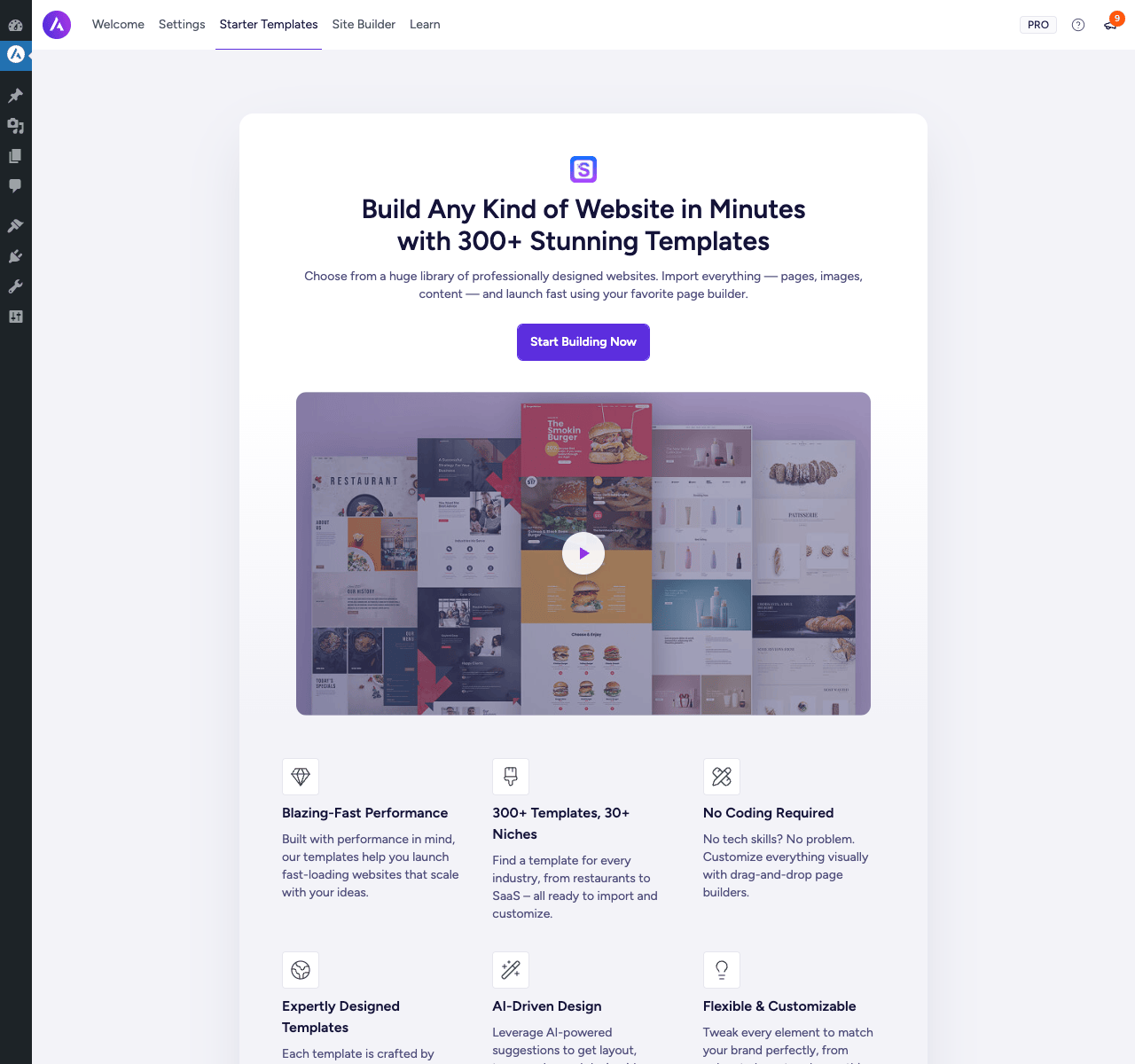 Astra Starter Templates Starter Templates landing screen showing 300+ ready-made designs across niches with import options