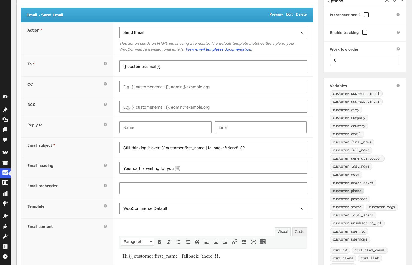 Send Email action with variables sidebar AutomateWoo email action with variables sidebar showing customer and cart merge tags