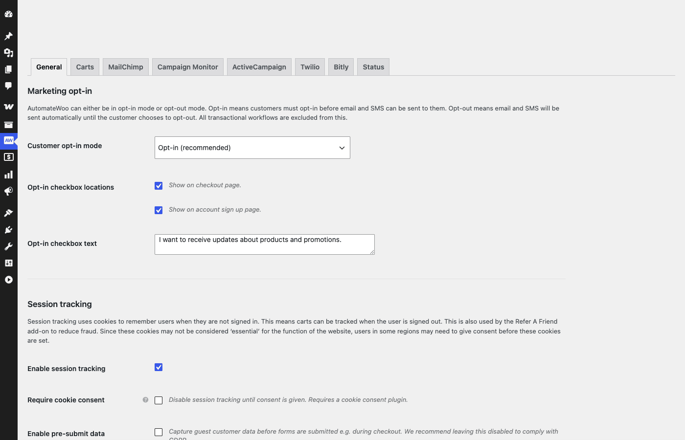 AutomateWoo settings panel AutomateWoo settings panel with opt-in mode, integration tabs and session tracking