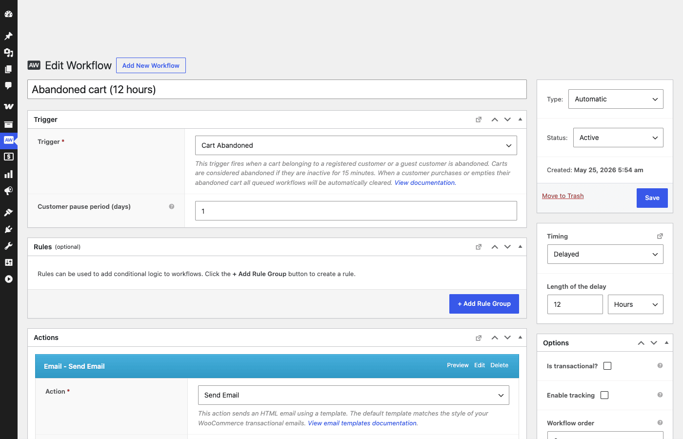 Workflow editor for abandoned cart workflow AutomateWoo workflow editor showing Trigger, Rules and Actions for an abandoned cart workflow