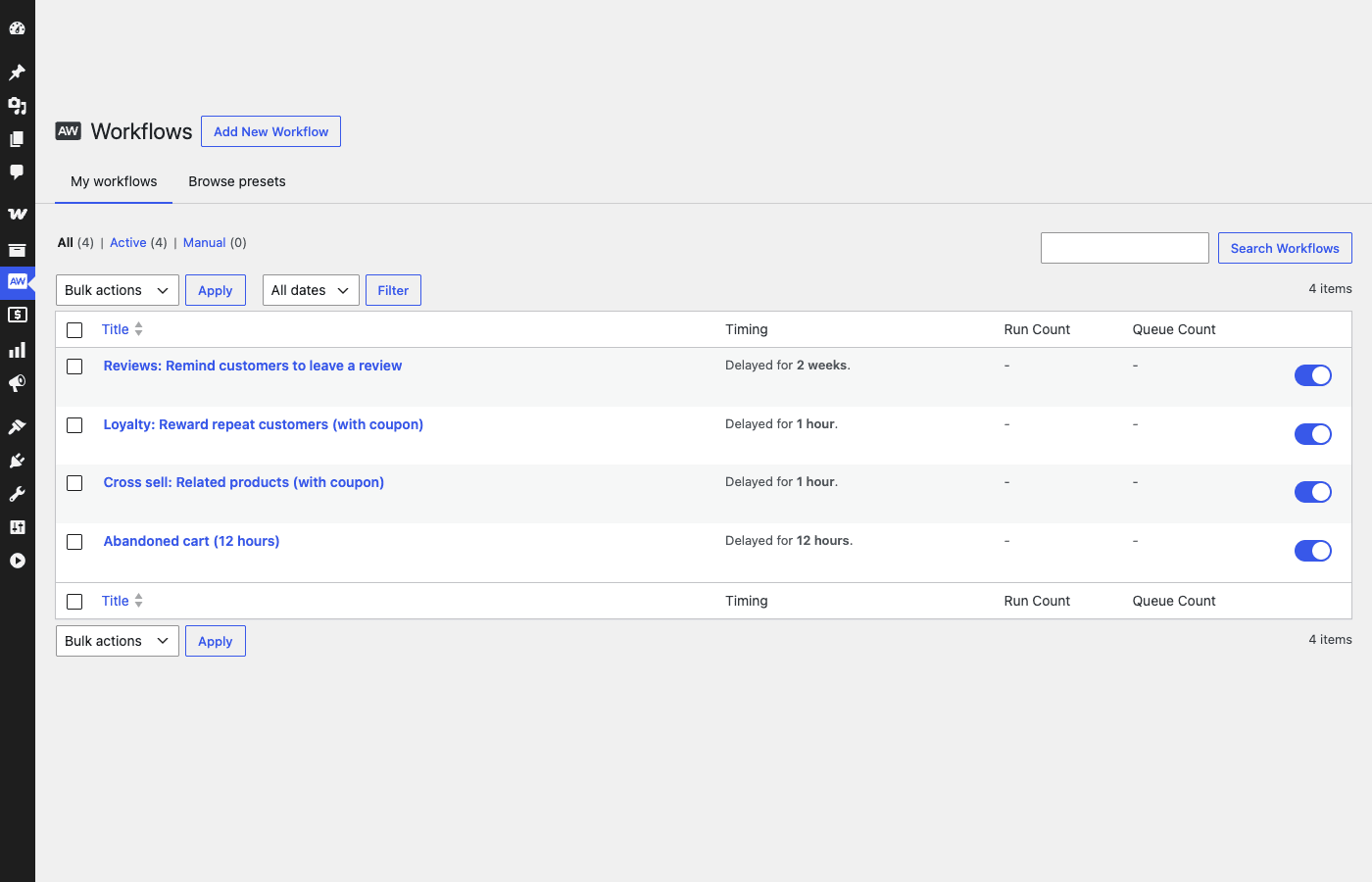 Workflows list with four active workflows AutomateWoo workflows list with four active workflows and their timing
