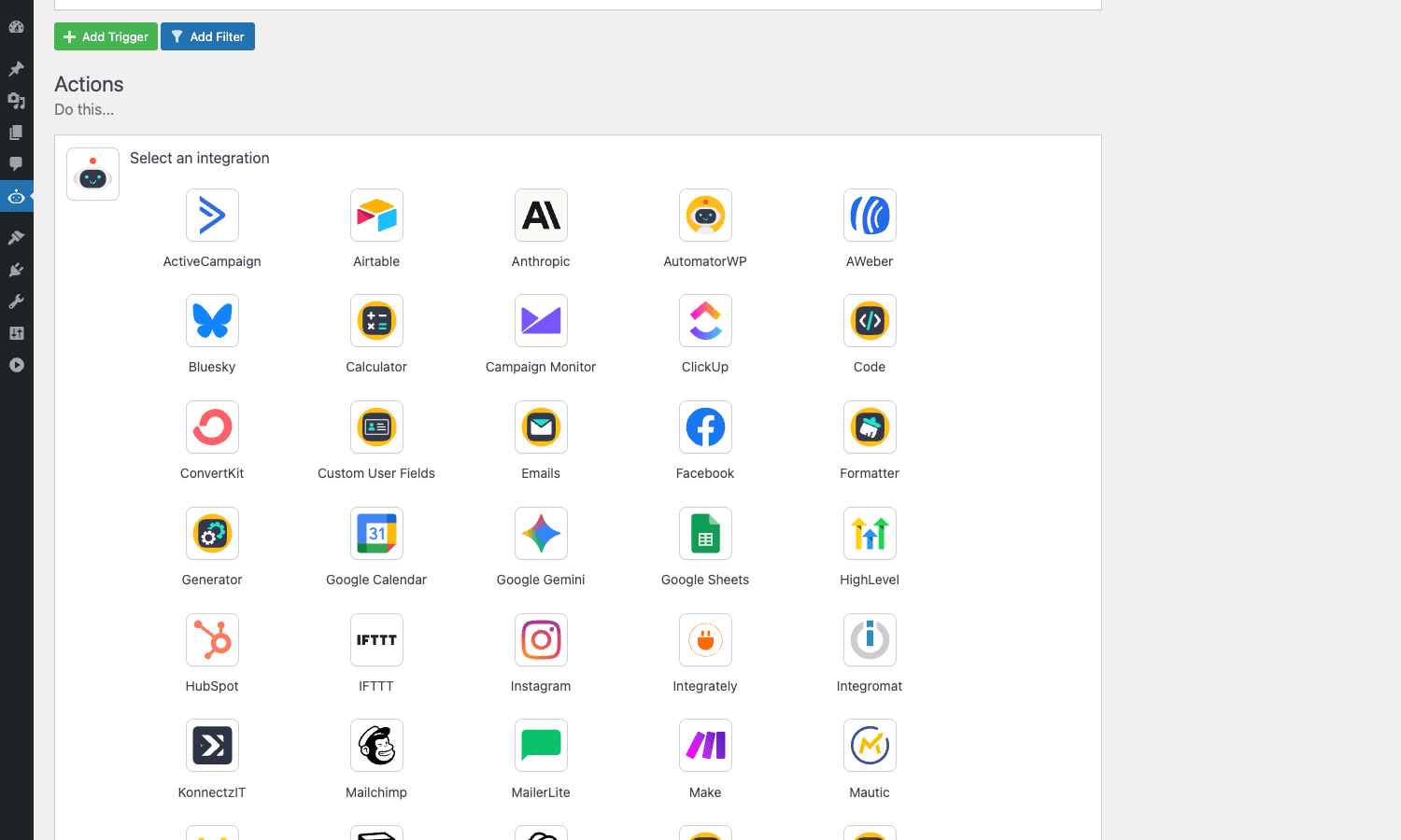 Action picker Action picker grid showing email, CRM, and webhook actions