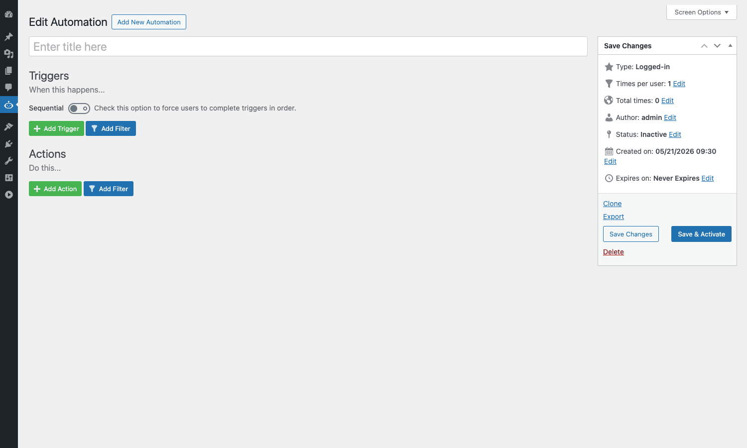 Empty builder Empty AutomatorWP automation builder showing Triggers and Actions sections