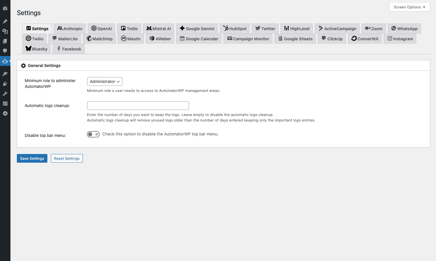 Settings panel AutomatorWP Settings panel with General Settings and integration tabs