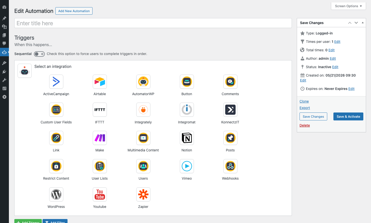 Trigger picker Trigger picker showing all available integrations in AutomatorWP