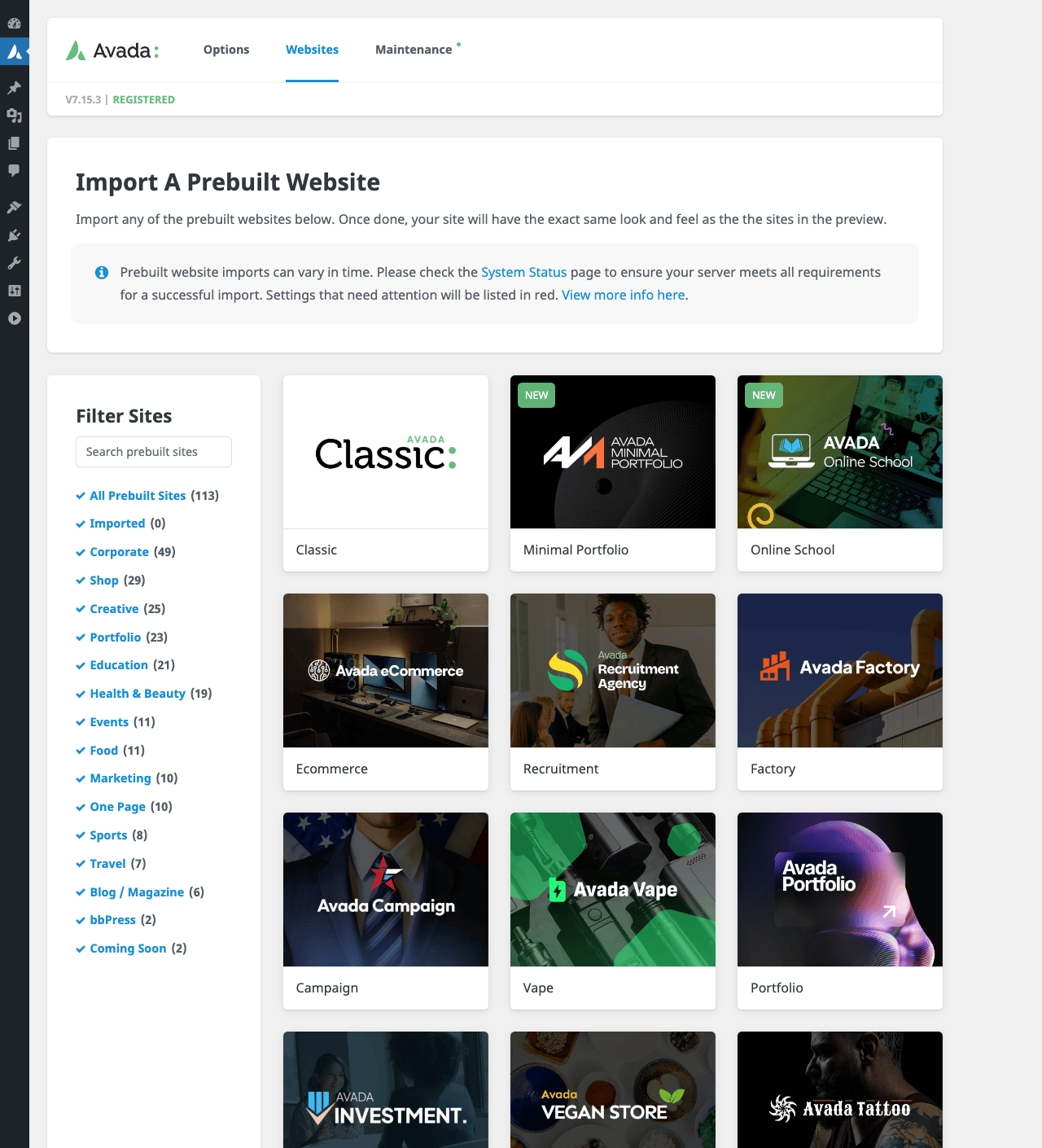 Avada Websites prebuilt library showing Import A Prebuilt Website page with a Filter Sites sidebar listing categories (All Prebuilt Sites 113, Imported 0, Corporate 49, Shop 29, Creative 25, Portfolio 23, Education 21, Health Beauty 19, Events 11), and a grid of site templates including Classic, Minimal Portfolio NEW, and Online School NEW