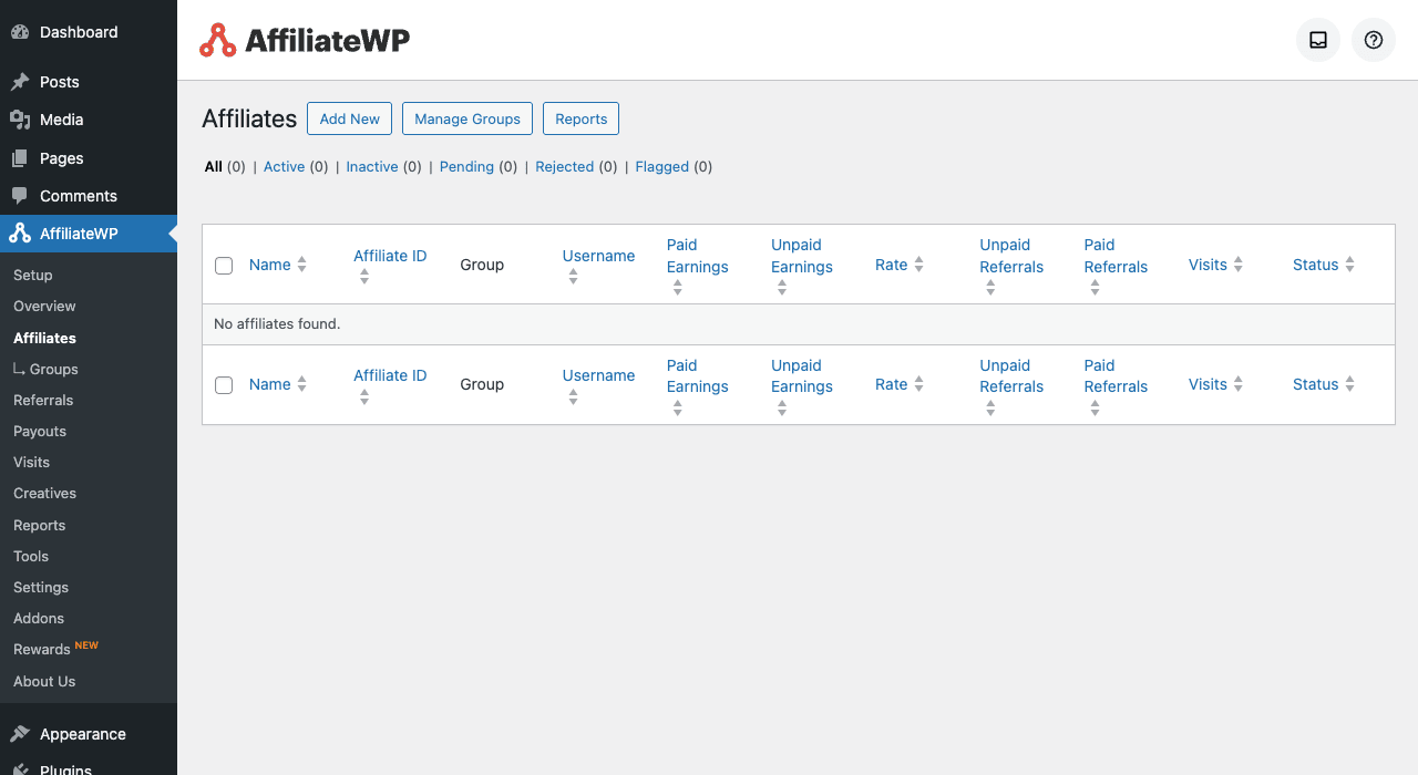 AffiliateWP Affiliates list page showing All / Active / Inactive / Pending / Rejected / Flagged filters and the affiliates table columns: Name, Affiliate ID, Group, Username, Paid Earnings, Unpaid Earnings, Rate, Unpaid Referrals, Paid Referrals, Visits, Status