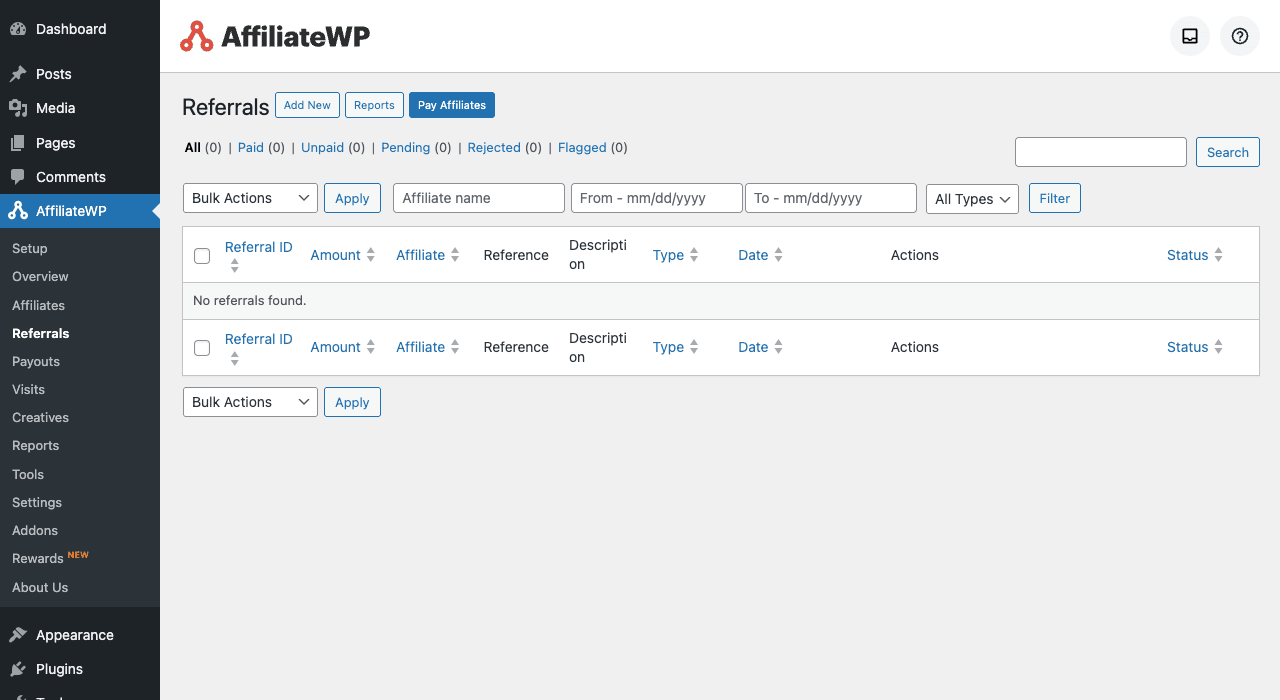 AffiliateWP Referrals page showing All / Paid / Unpaid / Pending / Rejected / Flagged filters and the referrals table columns: Referral ID, Amount, Affiliate, Reference, Description, Type, Date, Actions, Status