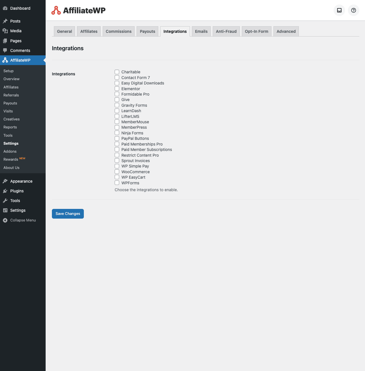 AffiliateWP Settings Integrations tab showing 21+ available integrations: Charitable, Contact Form 7, Easy Digital Downloads, Elementor, Formidable Pro, Give, Gravity Forms, LearnDash, LifterLMS, MemberMouse, MemberPress, Ninja Forms, PayPal Buttons, Paid Memberships Pro, Paid Member Subscriptions, Restrict Content Pro, Sprout Invoices, WP Simple Pay, WooCommerce, WP EasyCart, WPForms