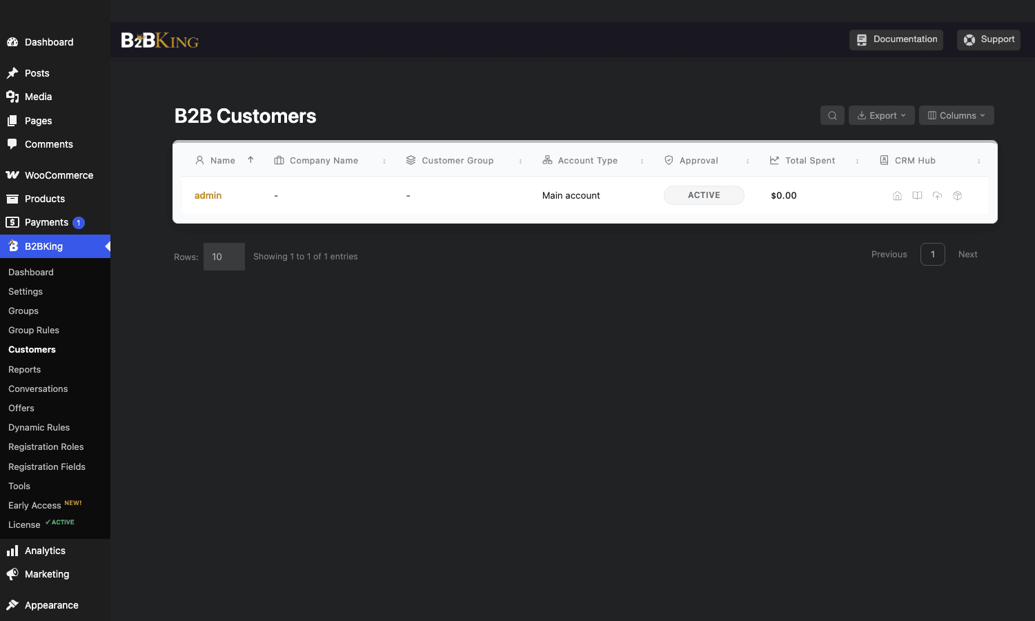 B2BKing Customers table with admin user showing Name, Company Name, Customer Group, Account Type, Approval, Total Spent, and CRM Hub columns