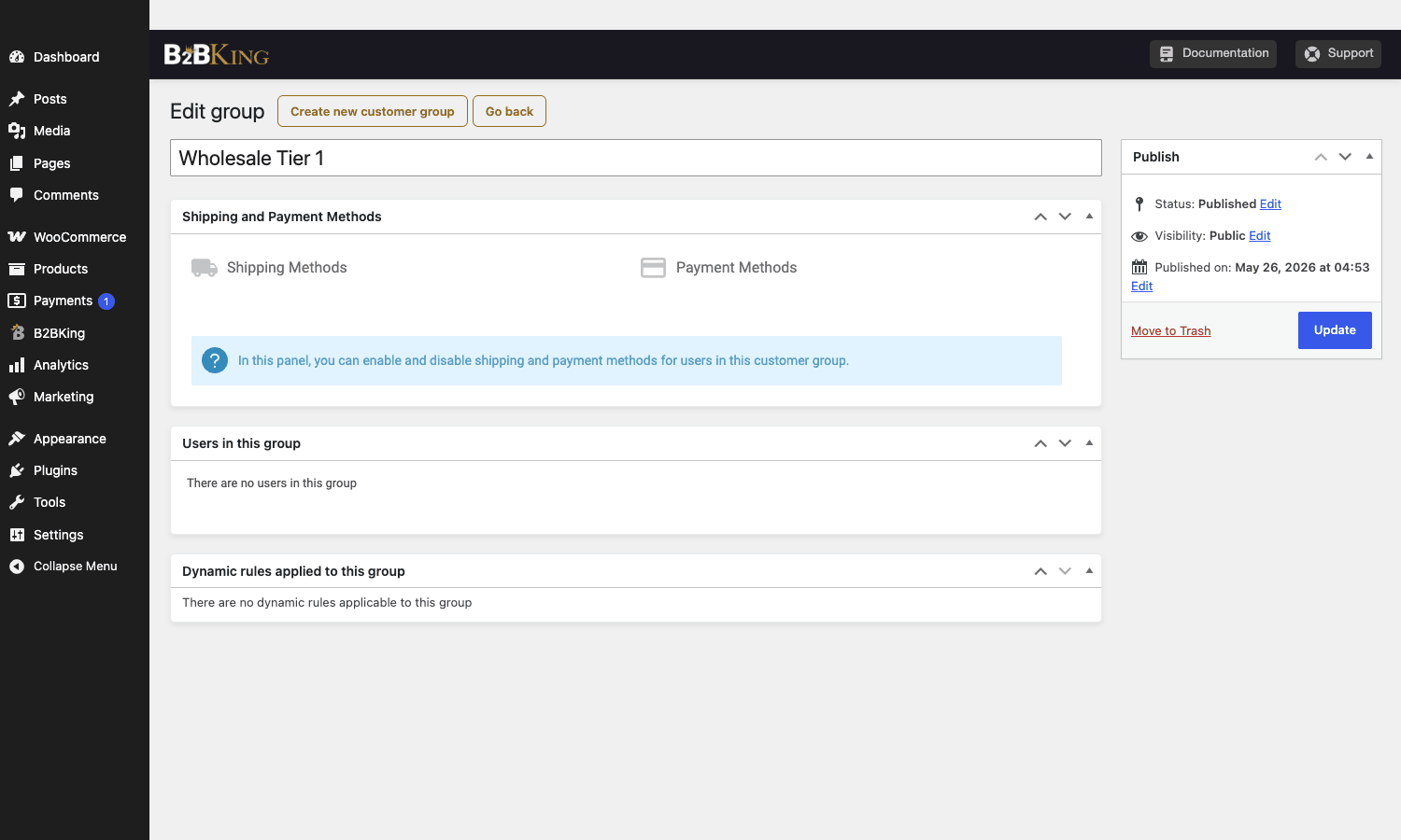 B2BKing group editor for a Wholesale Tier 1 customer group with shipping and payment method controls, group members list, and dynamic rules