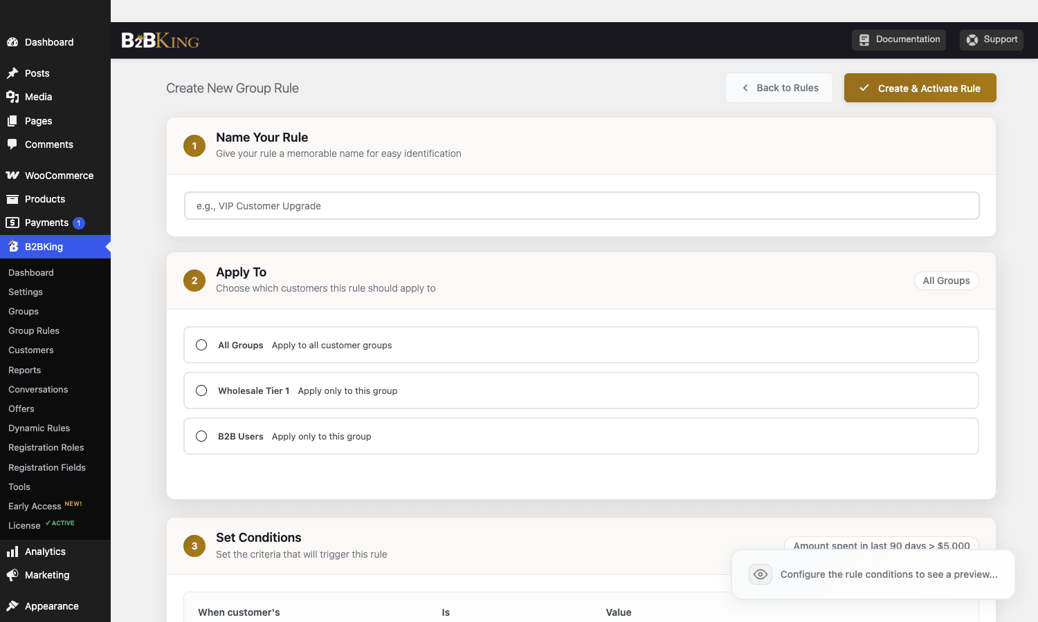 B2BKing Create New Group Rule wizard showing name, apply-to target, and rule conditions