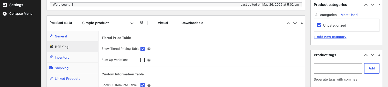 Product editor with B2BKing tab showing Tiered Price Table and Custom Information Table controls