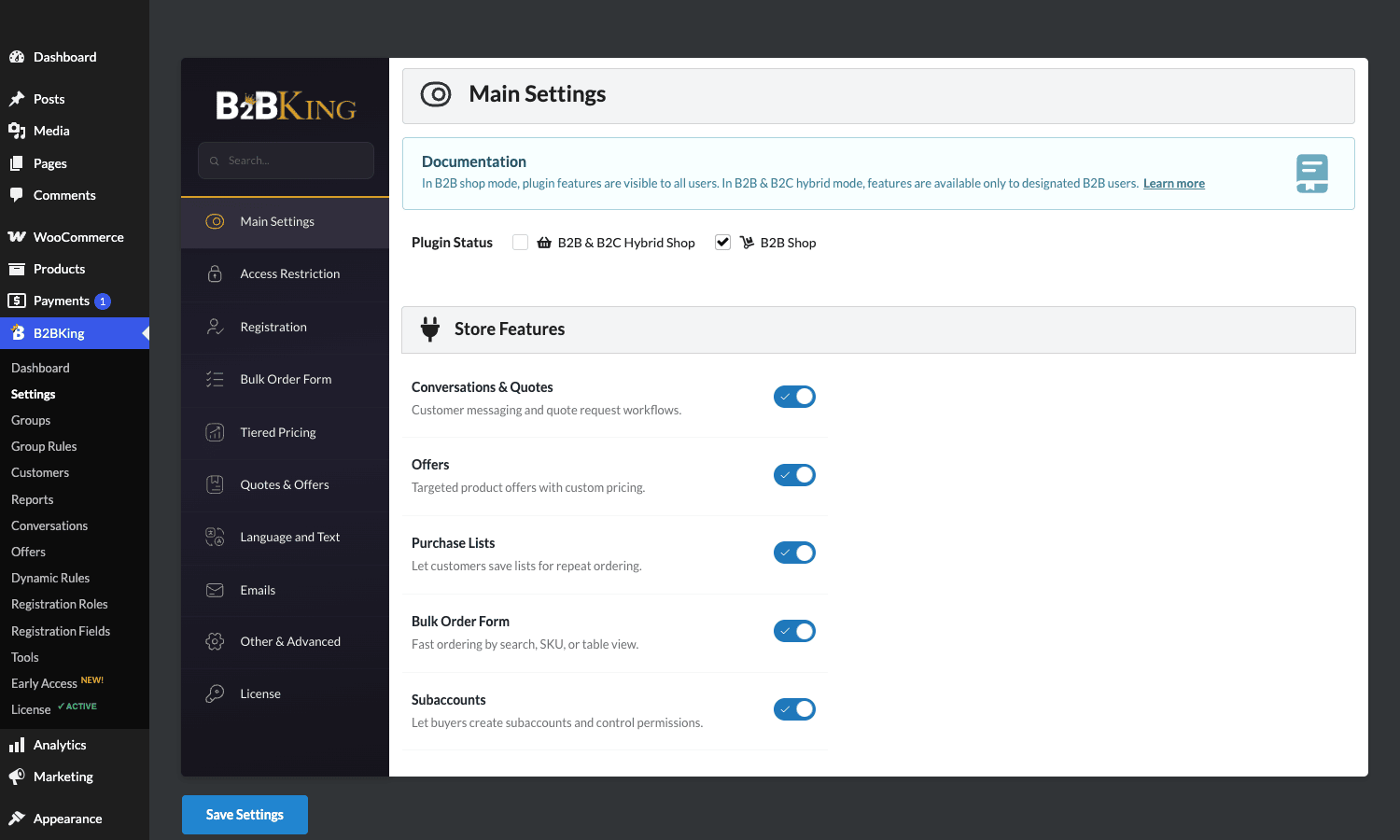 B2BKing Main Settings with Plugin Status mode selector and Store Features toggles for Conversations & Quotes, Offers, Purchase Lists, Bulk Order Form, and Subaccounts