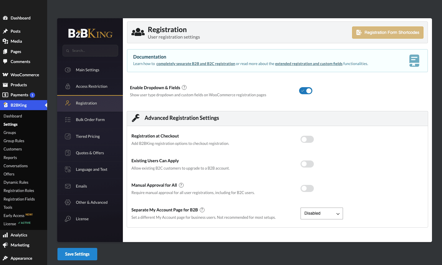 B2BKing Registration tab with Enable Dropdown & Fields toggle and Advanced Registration Settings for checkout registration, manual approval, and separate B2B account page