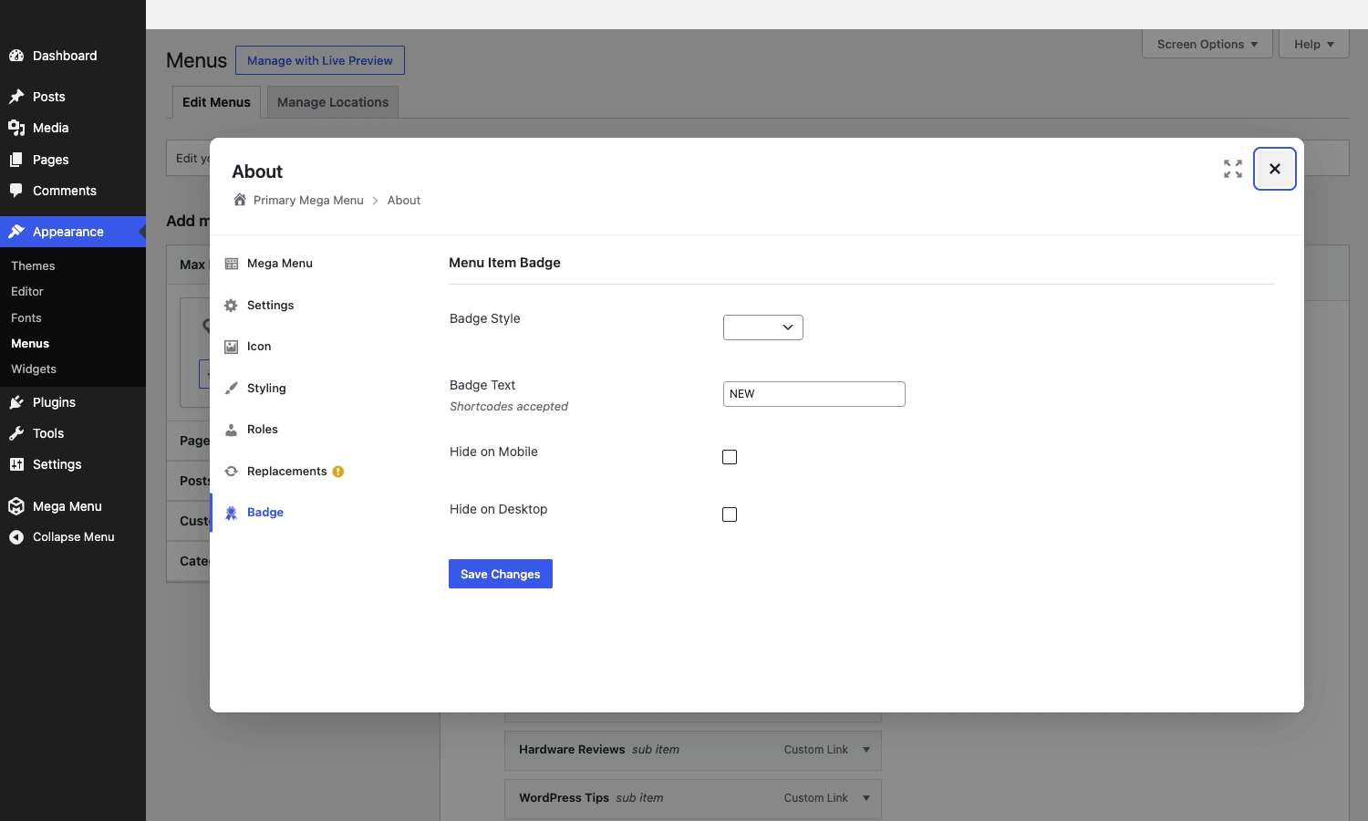 Pro Menu Item Badge Badge tab in the per-item modal with NEW text