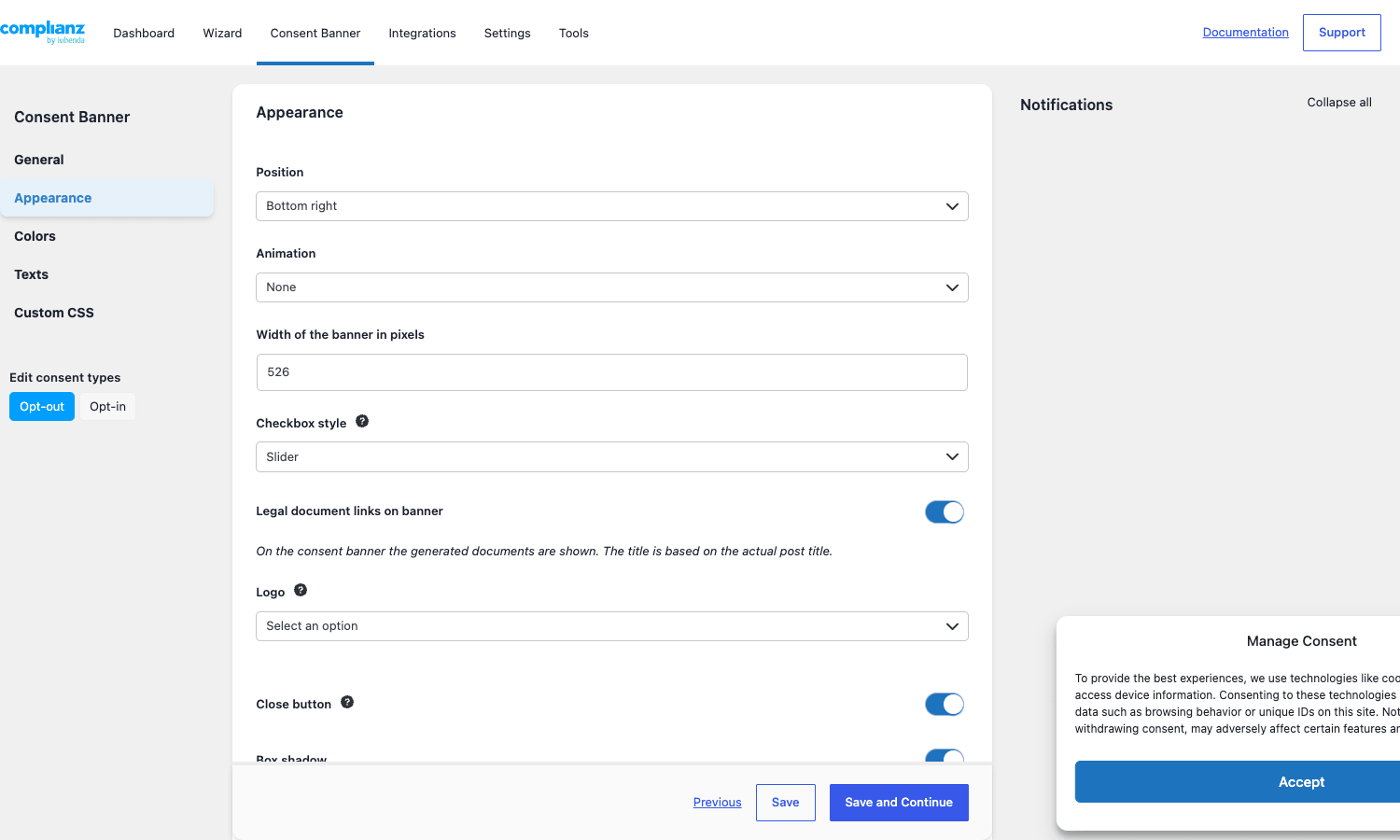 Complianz consent banner - Appearance settings Complianz banner Appearance settings showing Position, Animation, Width, Checkbox style, Legal document links toggle, Logo selector, and Close button toggle, with the live banner preview anchored to the bottom right