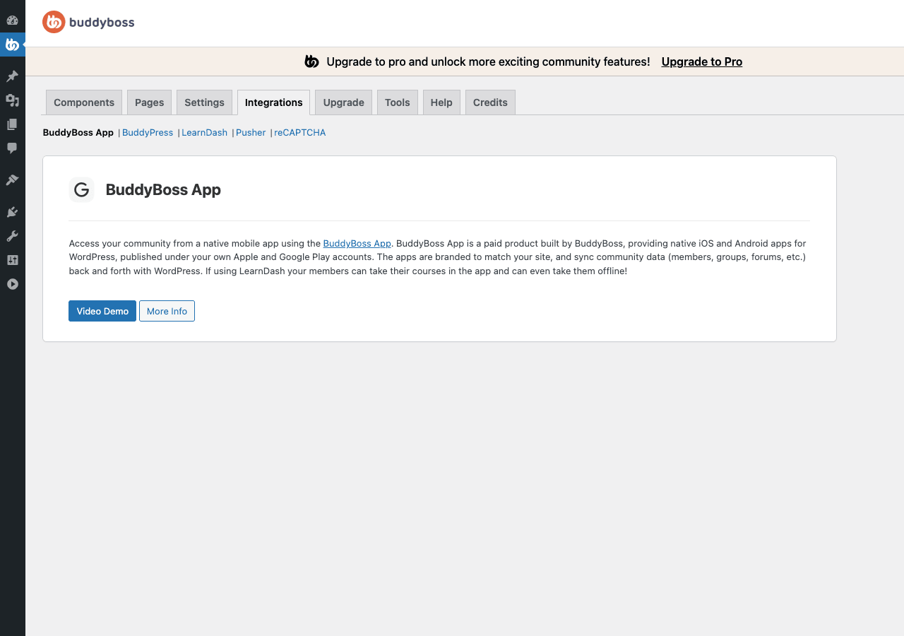 BuddyBoss Platform Integrations panel BuddyBoss Platform Integrations admin page showing the Integrations tab in the top navigation with a list of available third-party plugin integrations