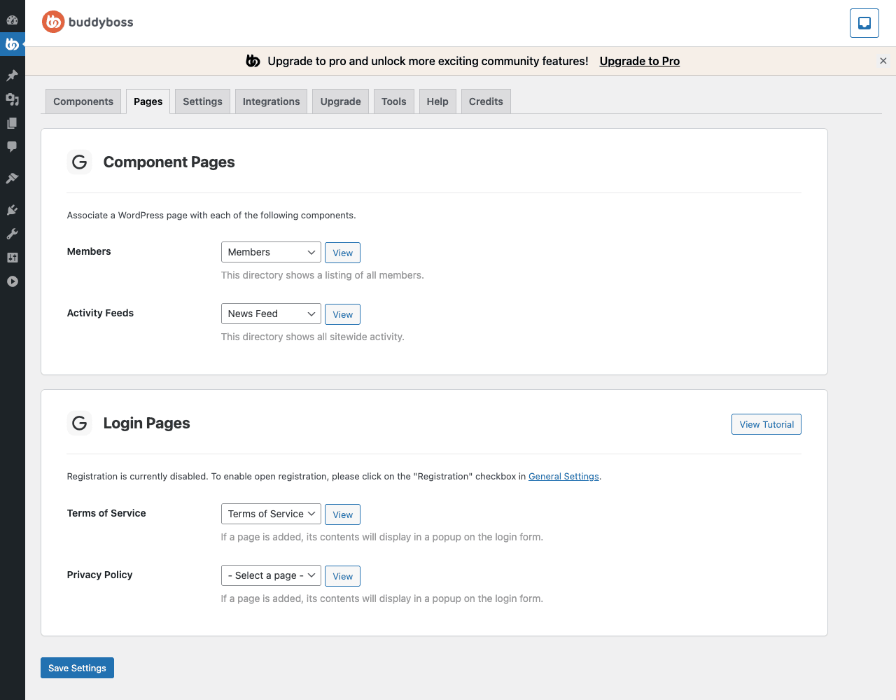 BuddyBoss Platform Pages assignment BuddyBoss Platform Pages settings showing Component Pages section with Members and Activity Feeds dropdowns and View buttons, plus a Login Pages section with Registration disabled notice and Terms of Service and Privacy Policy page selectors with View Tutorial button