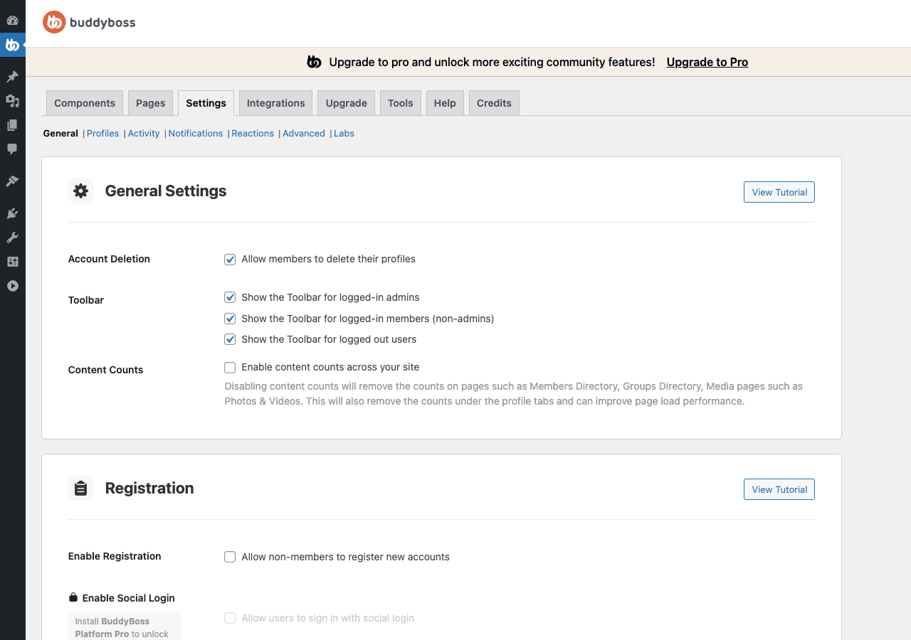 BuddyBoss Platform Settings panel BuddyBoss Platform Settings admin page showing sub-tabs General Profiles Friend Connections Activity Media Notifications Groups Messages Forums Search Performance Labs and detailed configuration options on the General tab
