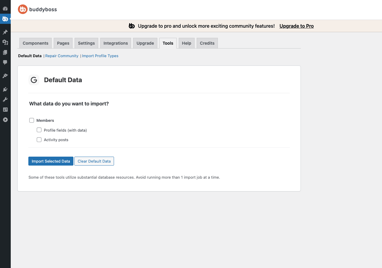 BuddyBoss Platform Tools panel for data management BuddyBoss Platform Tools admin page with various data management utilities and repair tools for community data integrity