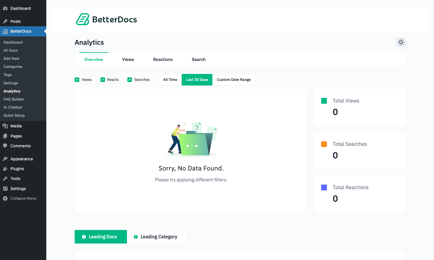 Analytics panel BetterDocs Analytics dashboard with Total Views, Searches, and Reactions plus a Leading Docs panel