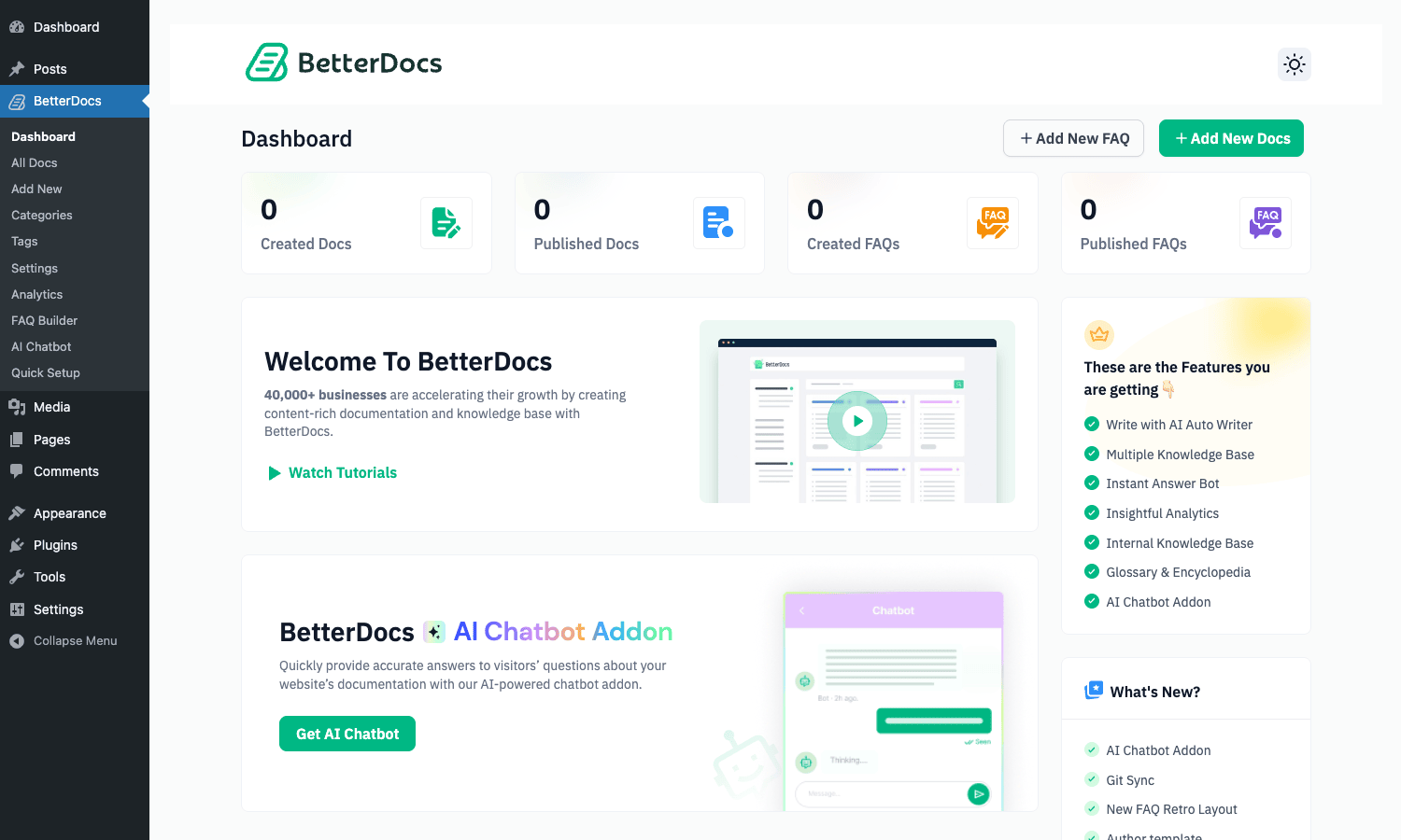 BetterDocs Pro dashboard BetterDocs admin dashboard: doc and FAQ counts, feature checklist, and onboarding card