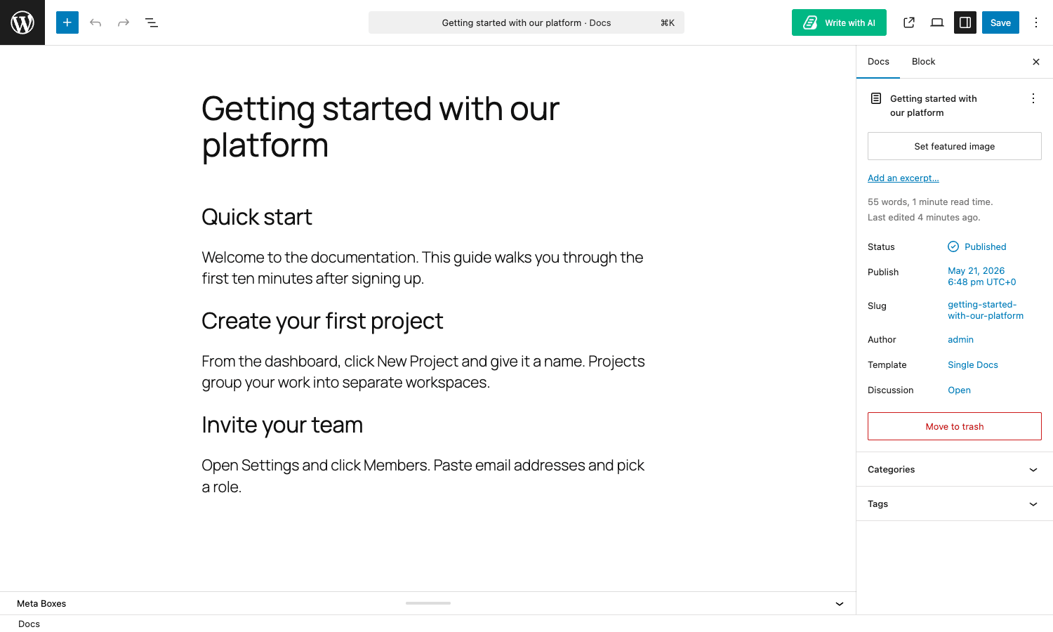 Editing a BetterDocs article BetterDocs article editor: Gutenberg with Single Docs template and the BetterDocs sidebar panels