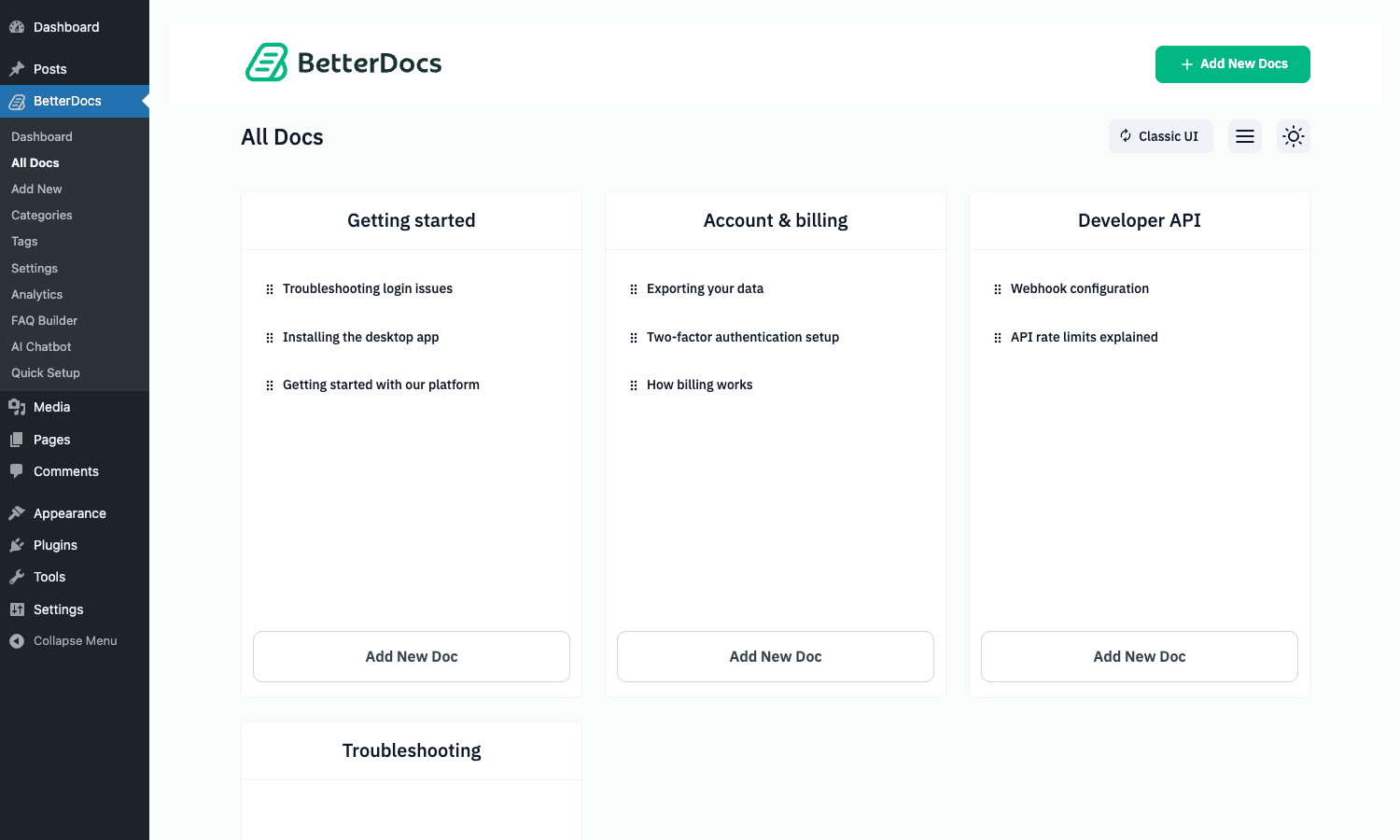 Kanban-style article ordering All Docs kanban view: drag articles between Getting Started, Account & Billing, Developer API, and Troubleshooting columns