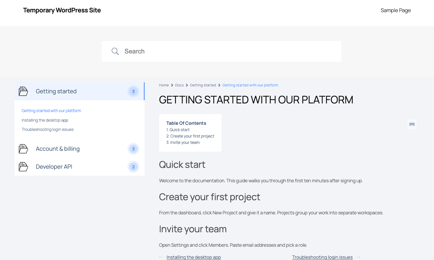 BetterDocs single article front end Single doc view: breadcrumbs, sticky sidebar, table of contents, and previous/next navigation