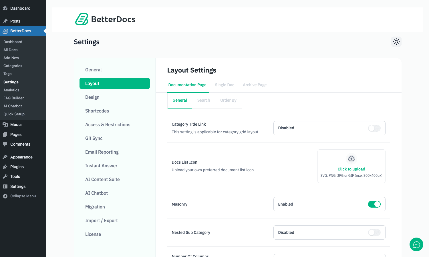 Layout Settings panel Layout Settings: Documentation Page sub-tab with masonry, sub-category nesting, and column count