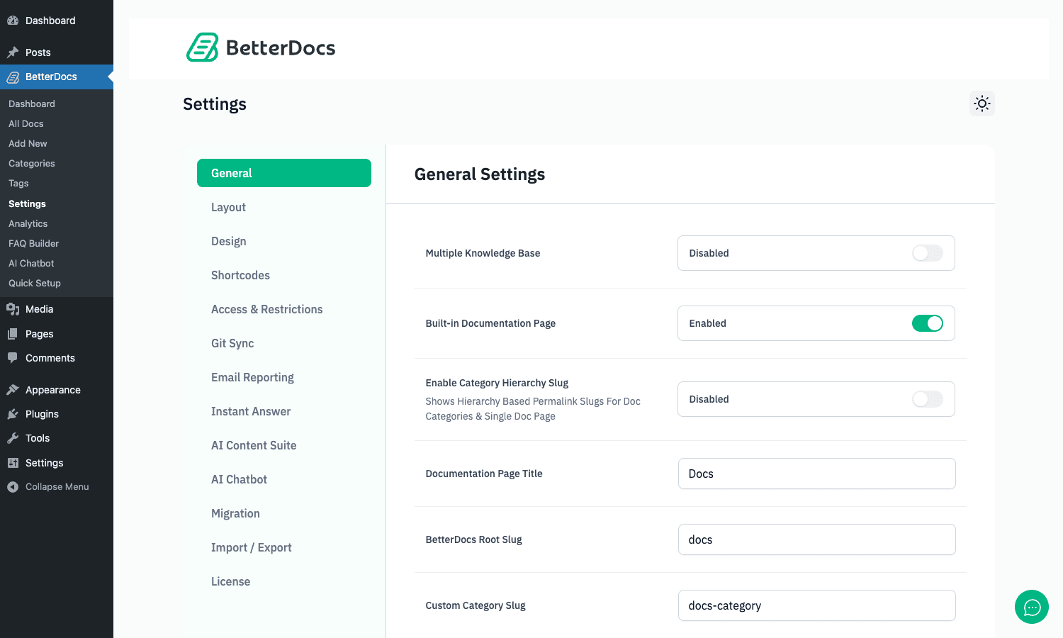 BetterDocs Settings panel BetterDocs Settings - General tab with multiple KB toggle, page title, and slug options