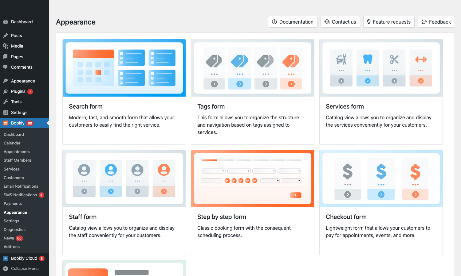Bookly Pro Appearance settings showing form template options including Search form, Tags form, Services form, Staff form, Step by step form, and Checkout form Bookly Pro Appearance admin showing different form templates: Search, Tags, Services, Staff, Step-by-step, Checkout