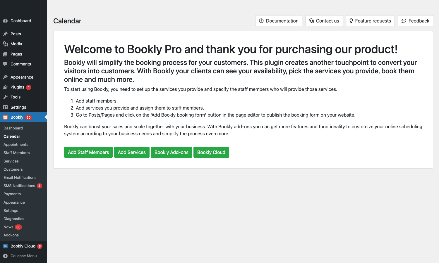 Bookly Pro Calendar showing the operational calendar view for managing appointments Bookly Pro Calendar admin view with staff filter and date navigation