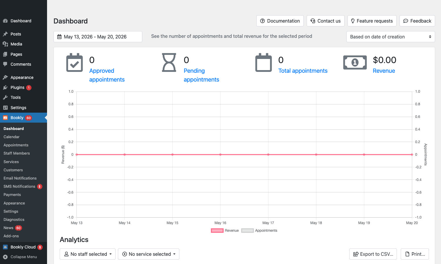 Bookly Pro Dashboard showing Approved/Pending/Total appointments, Revenue chart, and Bookly admin sidebar menu Bookly Pro Dashboard with appointment overview, revenue chart, and Bookly menu