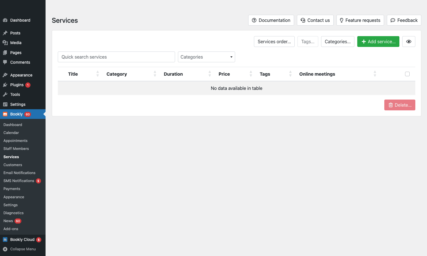 Bookly Pro Services admin page with services and category management Bookly Pro Services admin with service list and category management