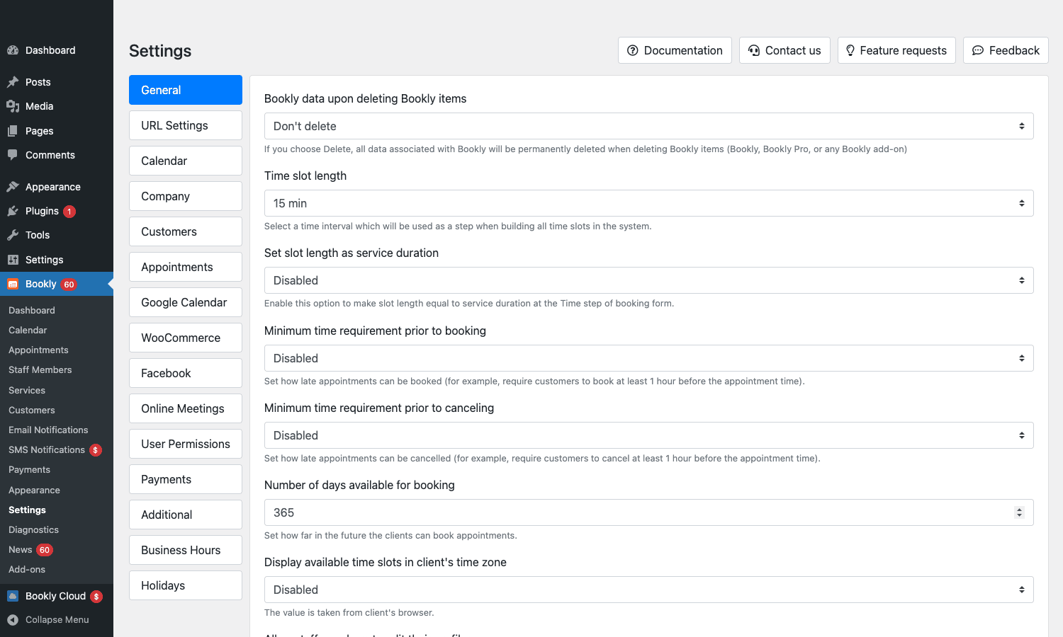 Bookly Pro Settings admin page with General, Calendar, Cancel/Reschedule, Notifications, Online Meetings, Customers, Live Chat, Payments, Cart, Holidays, Files, Bookly Cloud tabs Bookly Pro Settings admin with multiple configuration tabs