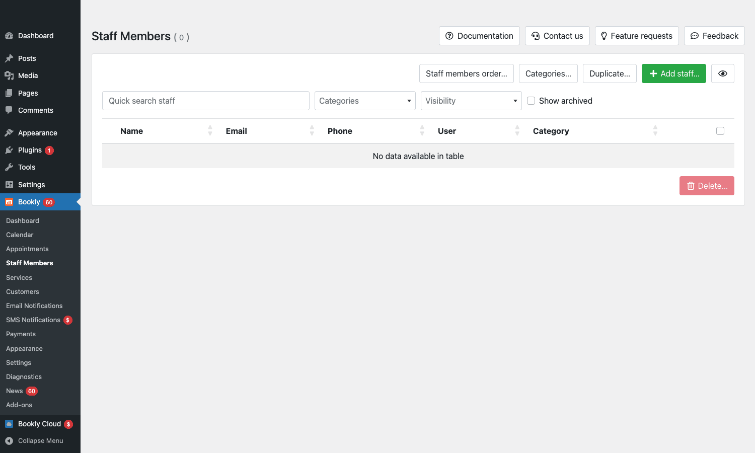 Bookly Pro Staff Members admin showing the staff list and per-staff configuration Bookly Pro Staff Members admin with staff list and management options